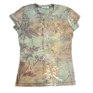 Y2K Boho Baby Tee Womens Medium Pastel Floral Rhinestone Grunge Fairy Indie